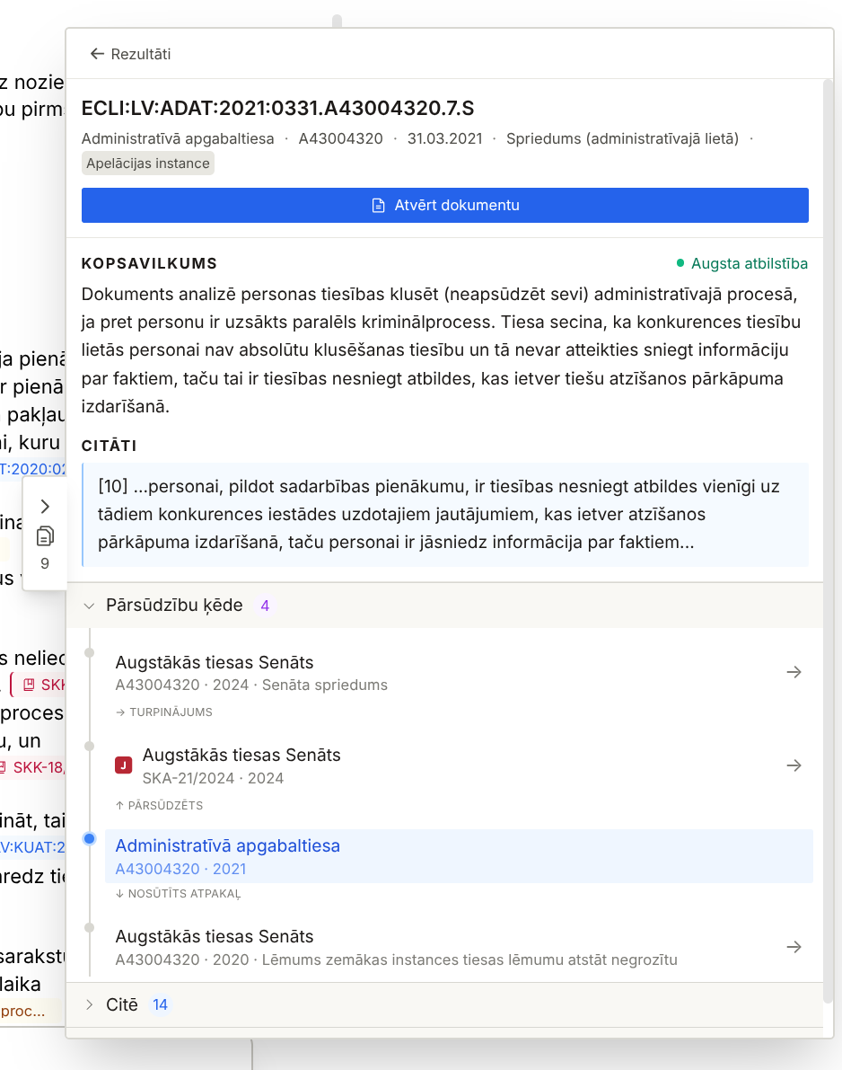 ECLI.ai savstarpēji saistītu dokumentu ekrānuzņēmums