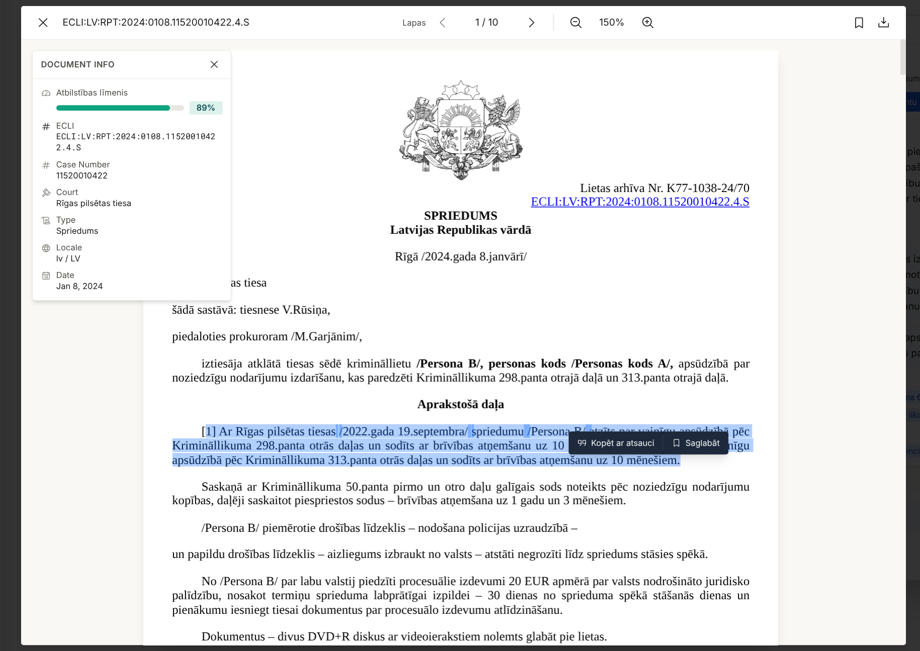 ECLI.ai dokumentu lasītāja ekrānuzņēmums